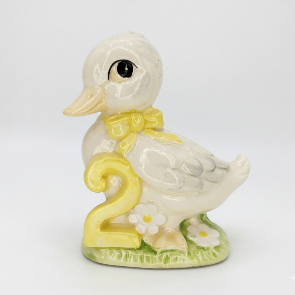 Vintage Ceramic Birthday Duck Figurine Year 2 Cottagecore Anthropomorphic Kitsch